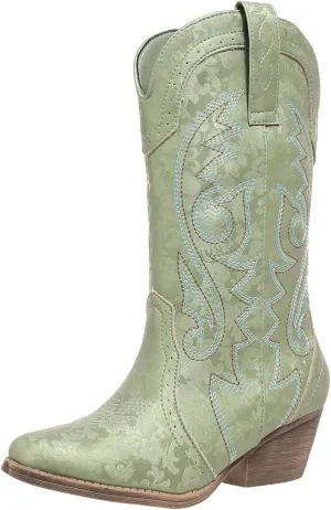 Cowboy Boots for Women Wide Calf Cowgirl Boots Pointed Toe Embroidery Stitched Fashion Western Boot Mid-Calf with Pull-on Tabs, US Size 5-11