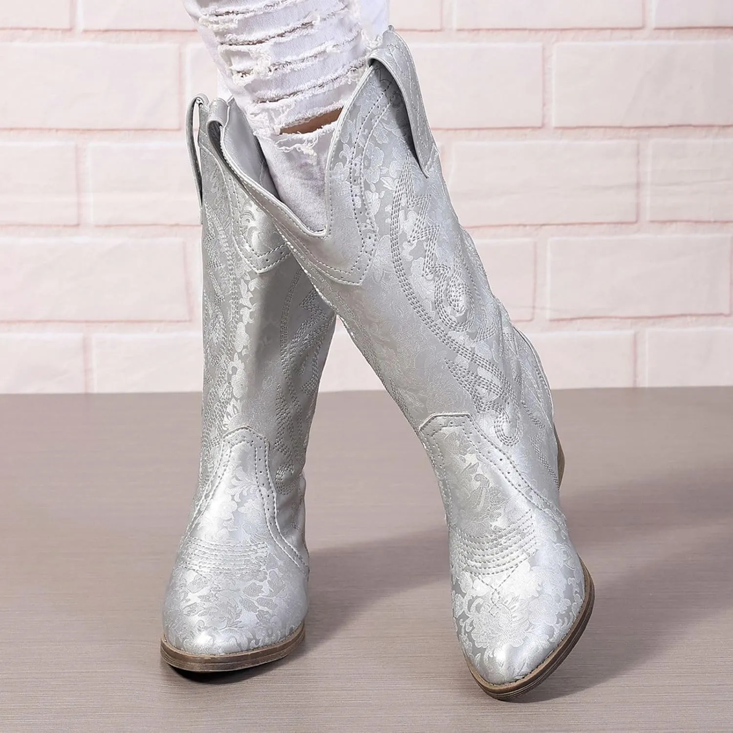 Cowboy Boots for Women Wide Calf Cowgirl Boots Pointed Toe Embroidery Stitched Fashion Western Boot Mid-Calf with Pull-on Tabs, US Size 5-11