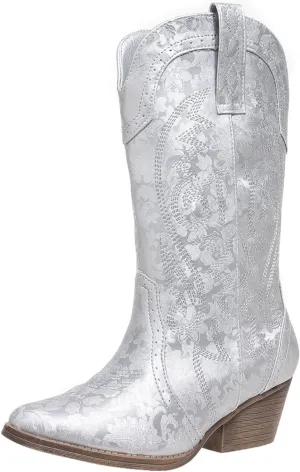 Cowboy Boots for Women Wide Calf Cowgirl Boots Pointed Toe Embroidery Stitched Fashion Western Boot Mid-Calf with Pull-on Tabs, US Size 5-11