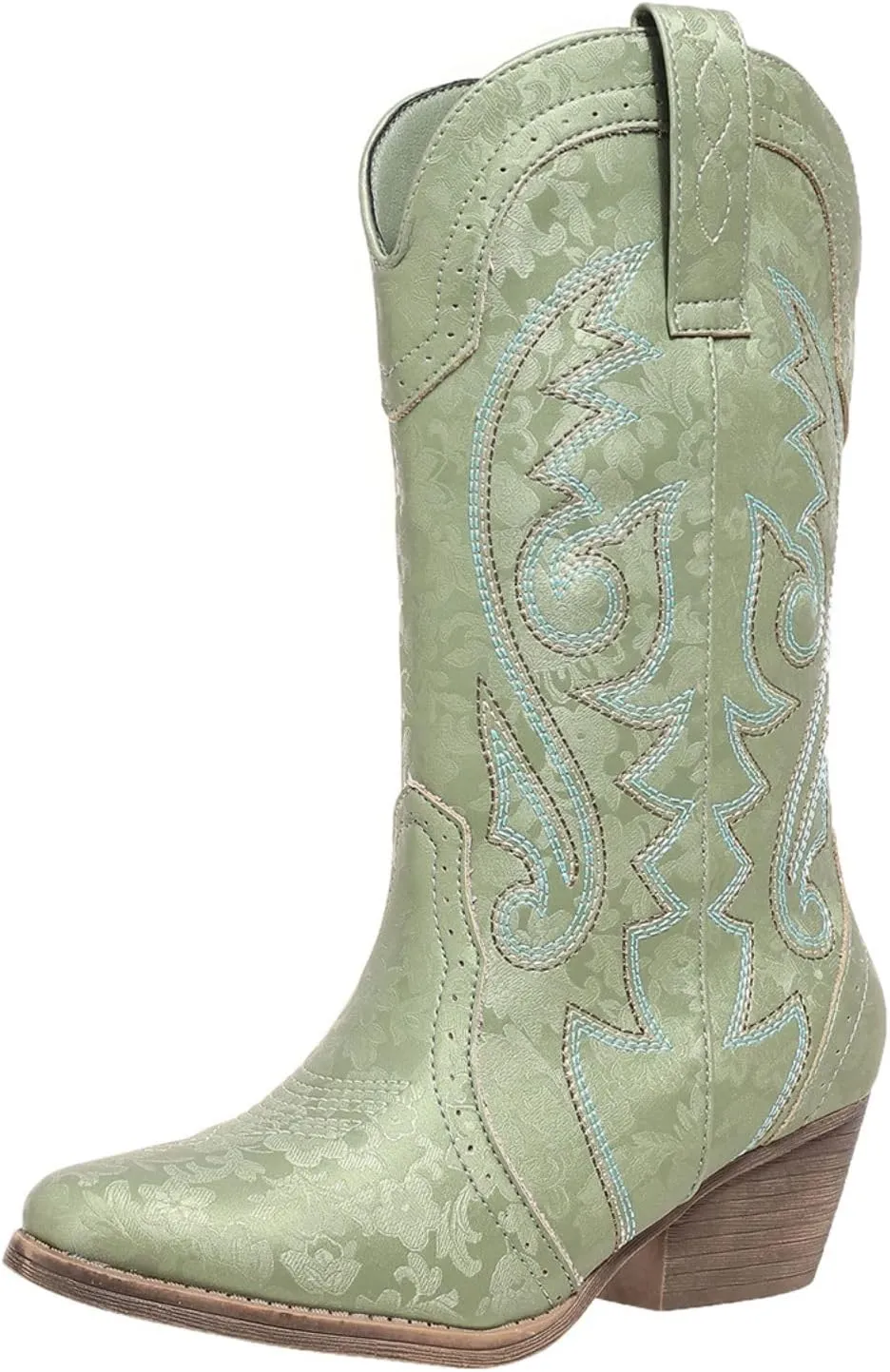 Cowboy Boots for Women Wide Calf Cowgirl Boots Pointed Toe Embroidery Stitched Fashion Western Boot Mid-Calf with Pull-on Tabs, US Size 5-11