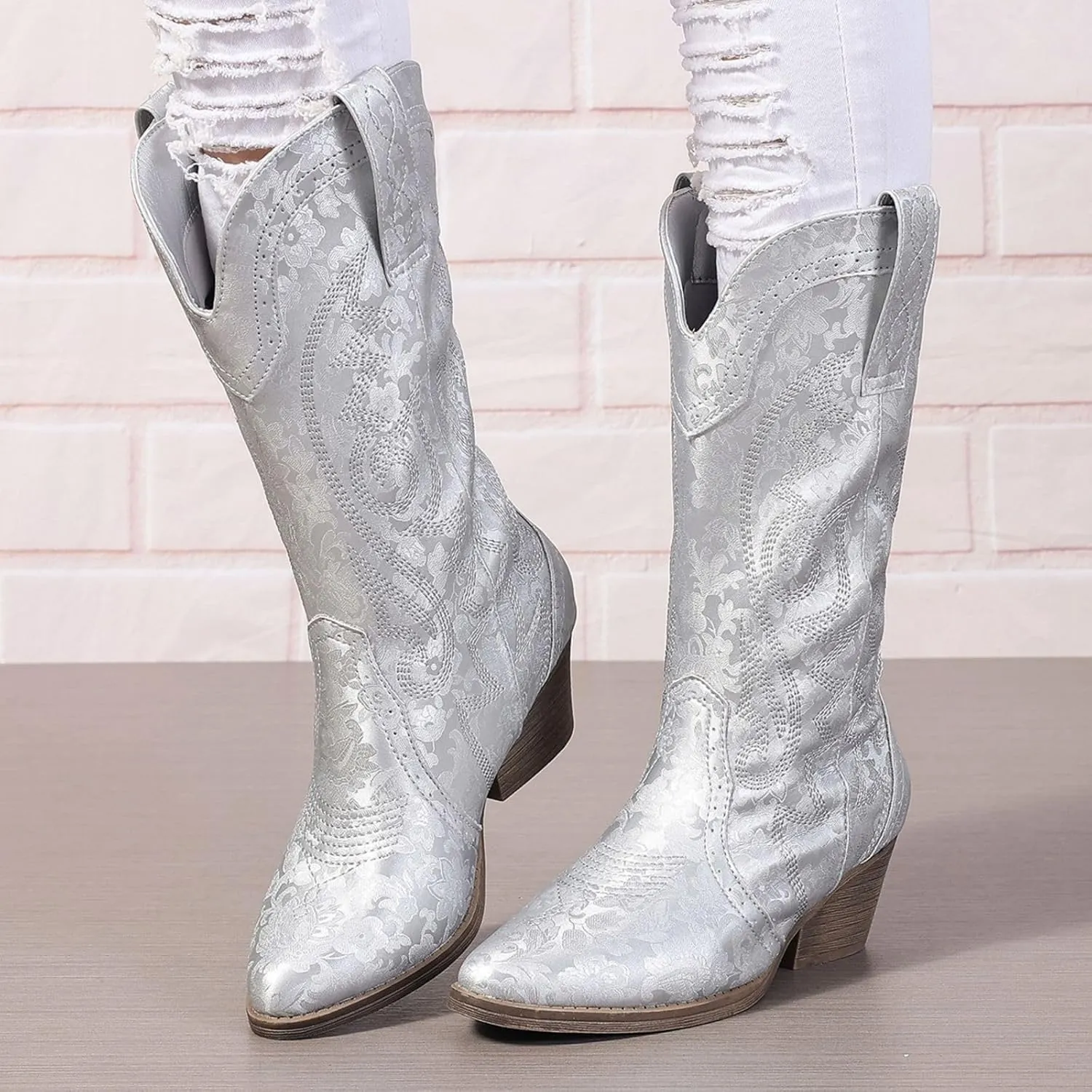 Cowboy Boots for Women Wide Calf Cowgirl Boots Pointed Toe Embroidery Stitched Fashion Western Boot Mid-Calf with Pull-on Tabs, US Size 5-11
