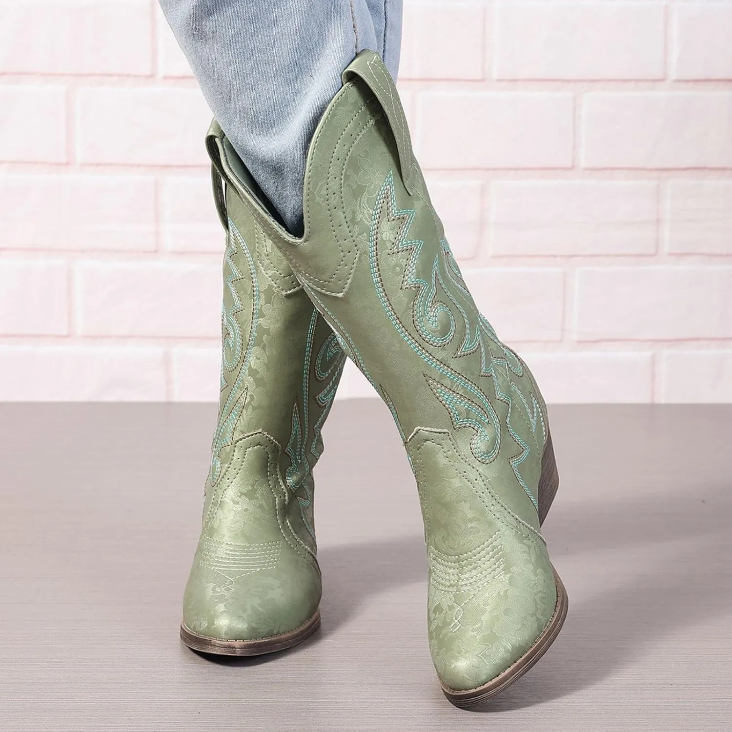 Cowboy Boots for Women Wide Calf Cowgirl Boots Pointed Toe Embroidery Stitched Fashion Western Boot Mid-Calf with Pull-on Tabs, US Size 5-11