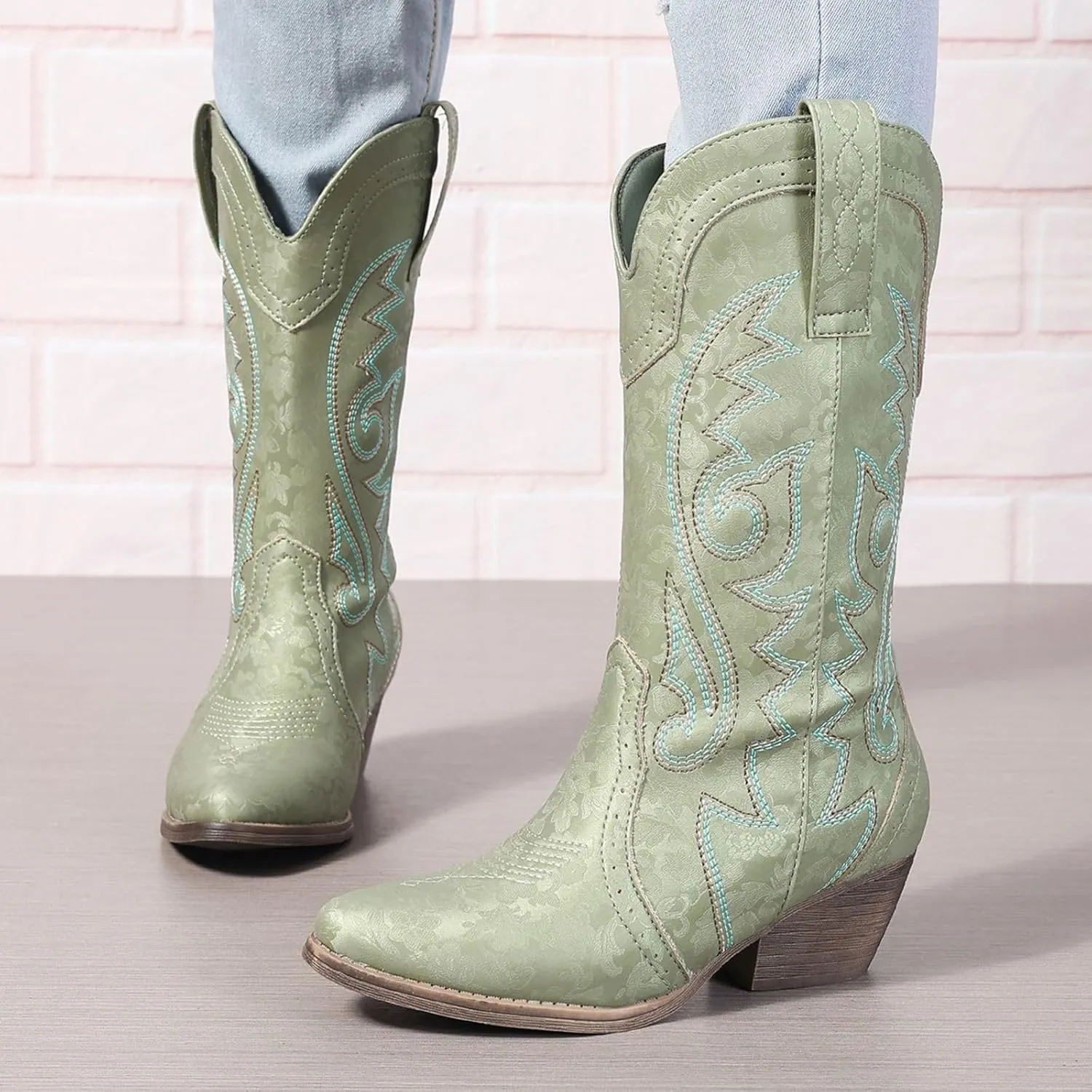 Cowboy Boots for Women Wide Calf Cowgirl Boots Pointed Toe Embroidery Stitched Fashion Western Boot Mid-Calf with Pull-on Tabs, US Size 5-11