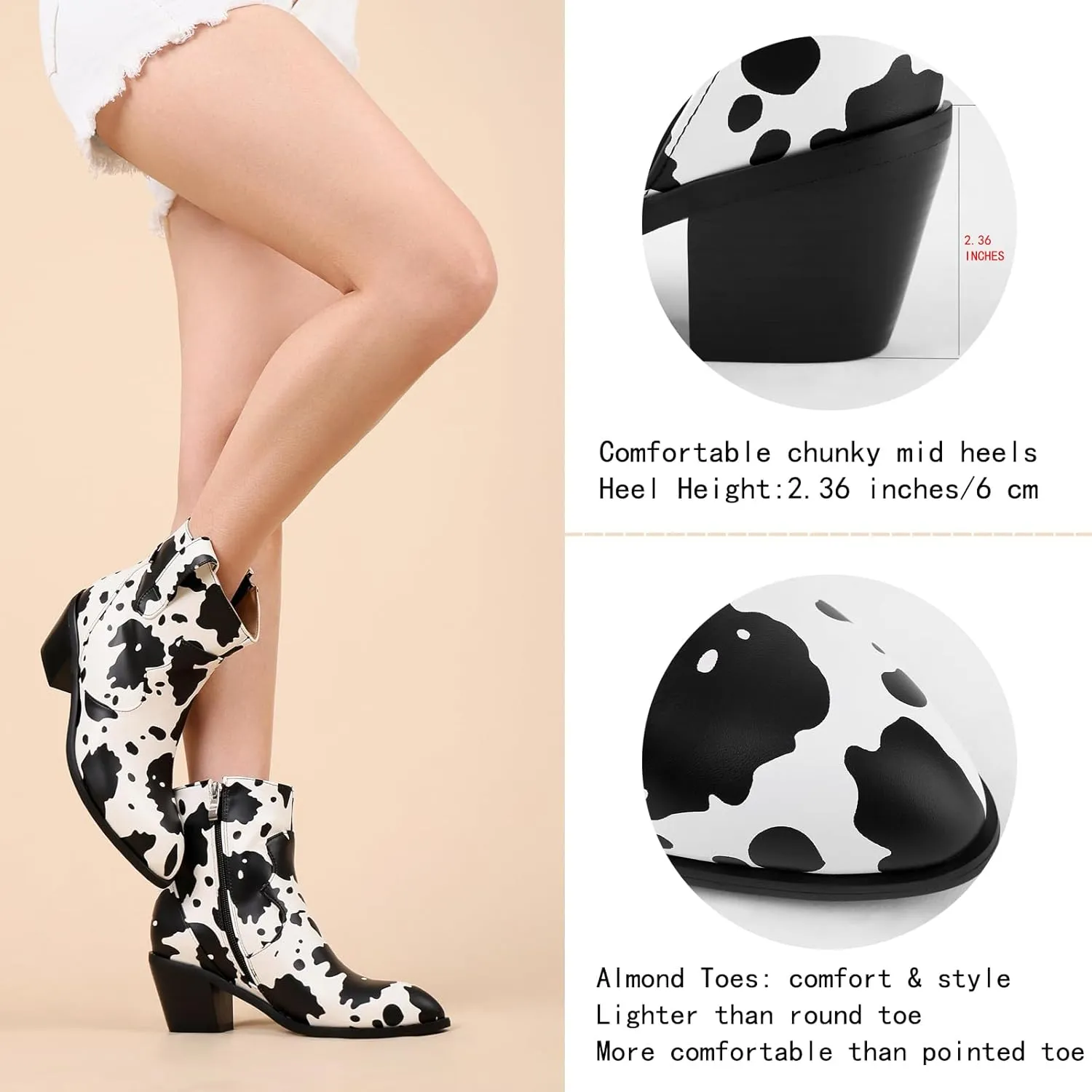 Cozivwaiy Women Cow Print Ankle Boots Chunky Heel Short Boots Animal Print Cowboy Boots Plus size (US 6-13)
