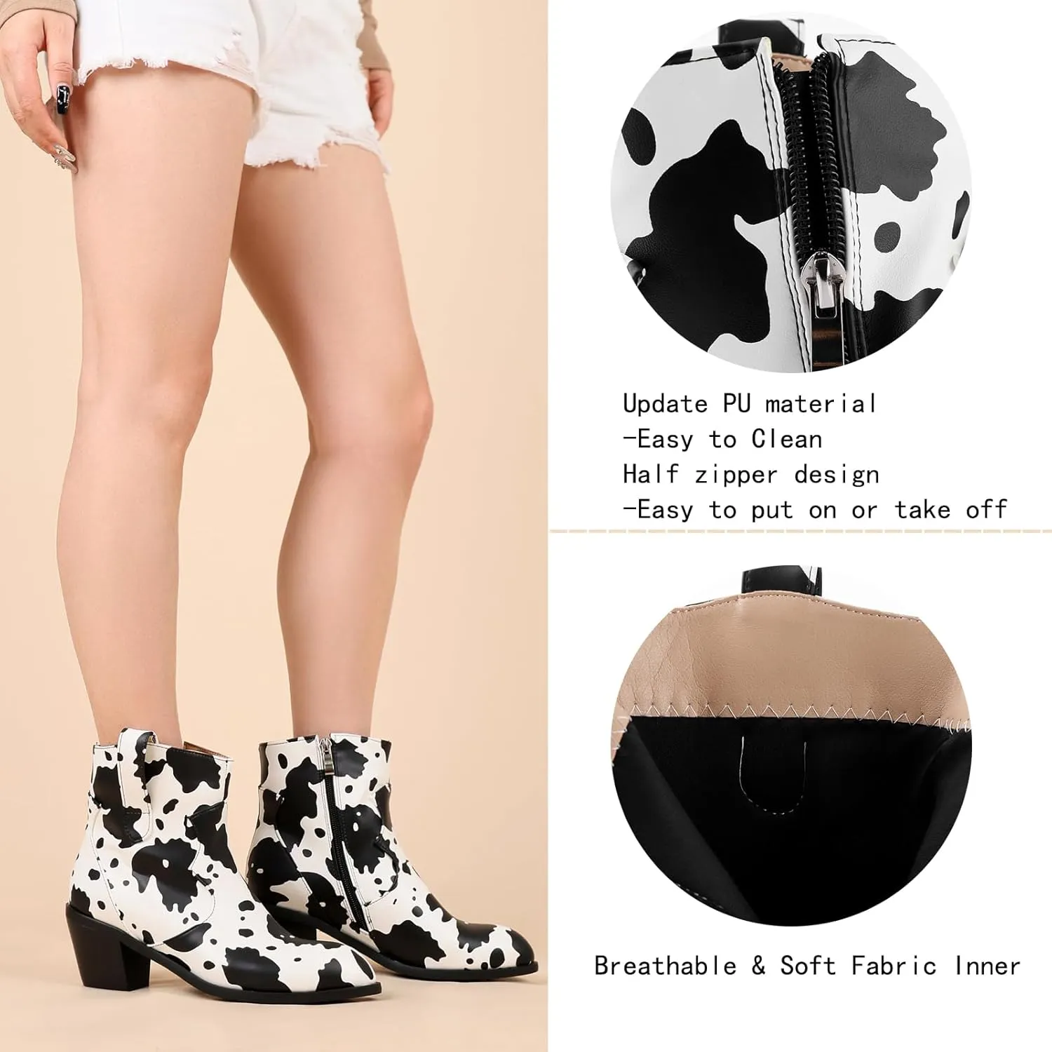 Cozivwaiy Women Cow Print Ankle Boots Chunky Heel Short Boots Animal Print Cowboy Boots Plus size (US 6-13)
