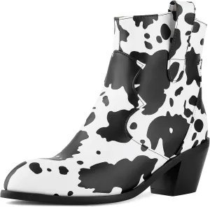 Cozivwaiy Women Cow Print Ankle Boots Chunky Heel Short Boots Animal Print Cowboy Boots Plus size (US 6-13)