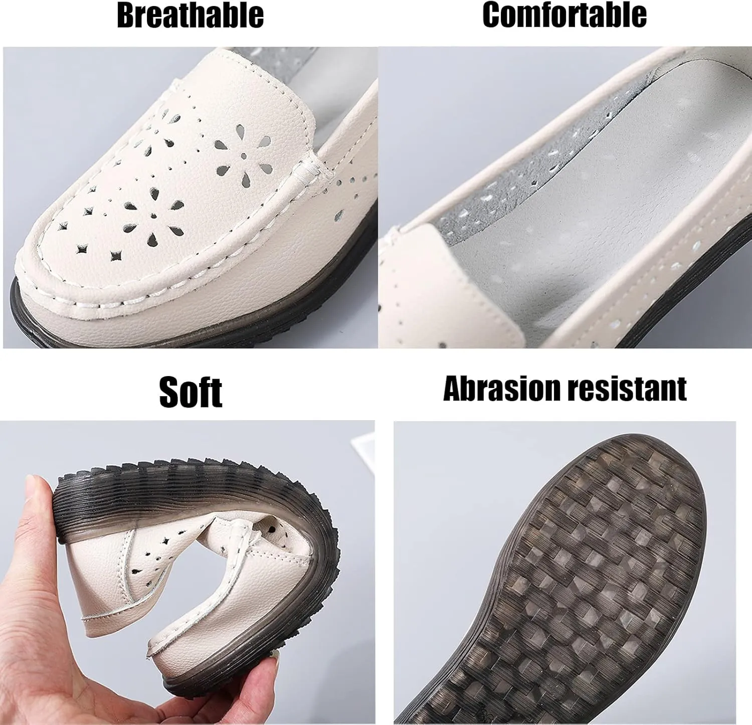 Cubicbee Women's Leather Hollow Round Toe Slip on Loafers Shoes Owlkay Fashion Breathable Soft Bottom Shallow Mouth Flat Driving Walking Shoes Casual Moccasins Boat Shoes