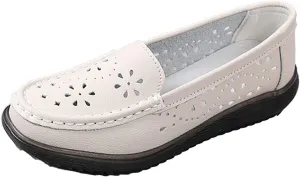 Cubicbee Women's Leather Hollow Round Toe Slip on Loafers Shoes Owlkay Fashion Breathable Soft Bottom Shallow Mouth Flat Driving Walking Shoes Casual Moccasins Boat Shoes
