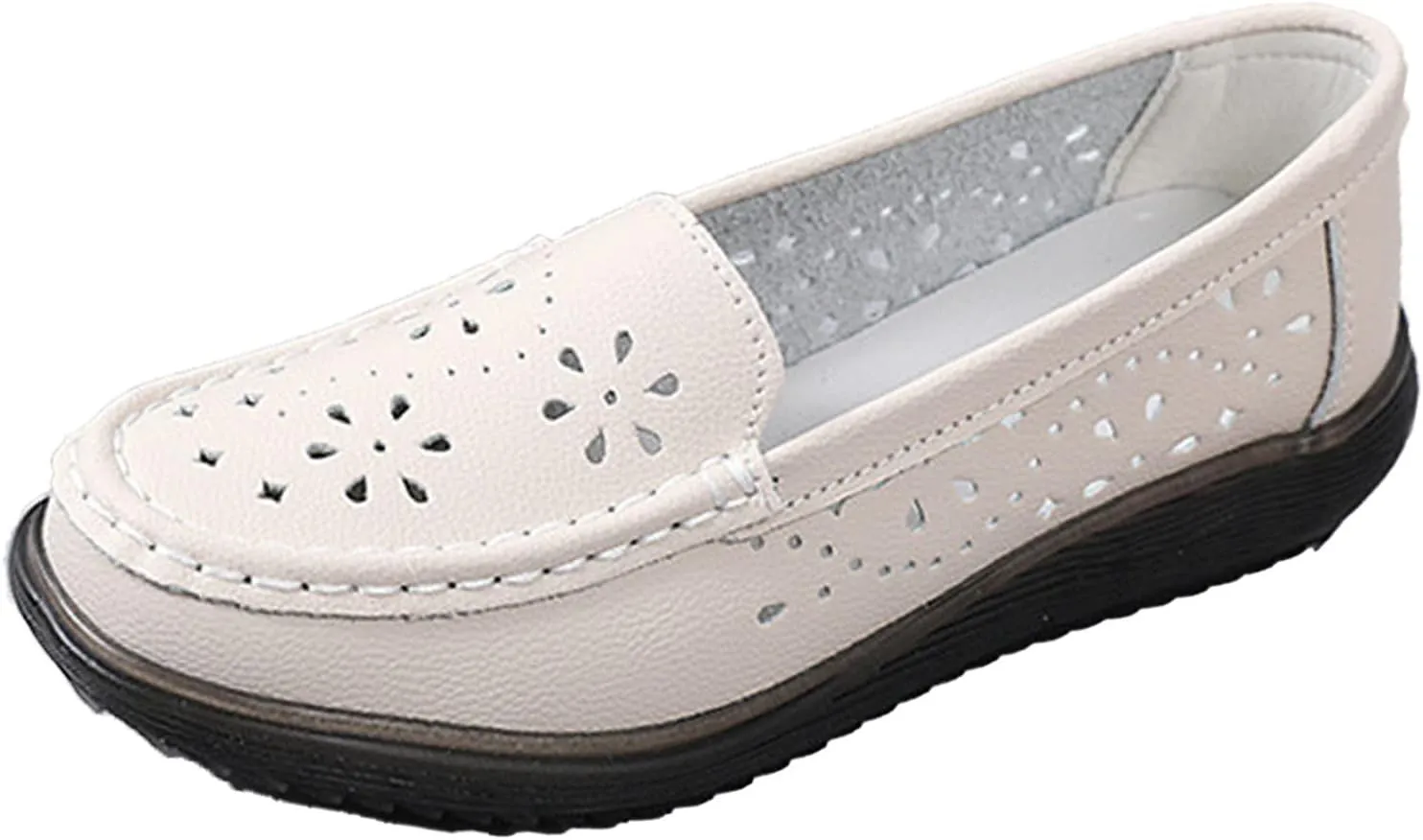 Cubicbee Women's Leather Hollow Round Toe Slip on Loafers Shoes Owlkay Fashion Breathable Soft Bottom Shallow Mouth Flat Driving Walking Shoes Casual Moccasins Boat Shoes