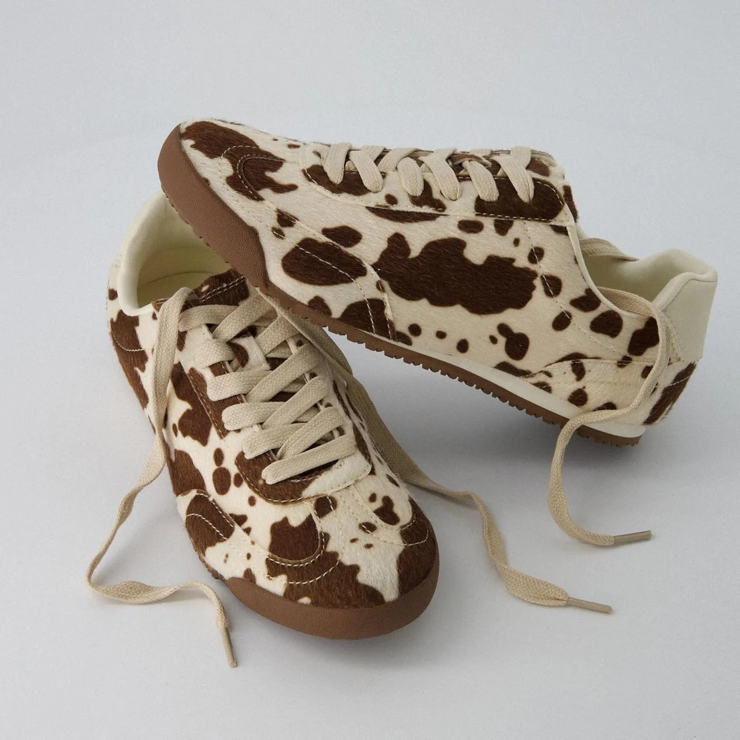 CUSHIONAIRE Techno Women’s Vegan Cow Print Calf-Hair Lace-Up Sneakers with Memory Foam Comfort