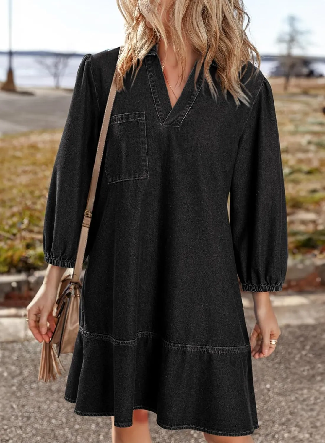 Dokotoo Denim Dress for Women Summer Casual Babydoll 2025 V Neck 3/4 Puff Sleeve Jean Dresses