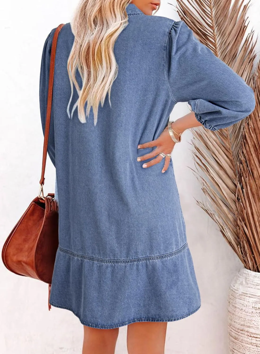 Dokotoo Denim Dress for Women Summer Casual Babydoll 2025 V Neck 3/4 Puff Sleeve Jean Dresses