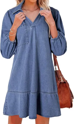Dokotoo Denim Dress for Women Summer Casual Babydoll 2025 V Neck 3/4 Puff Sleeve Jean Dresses