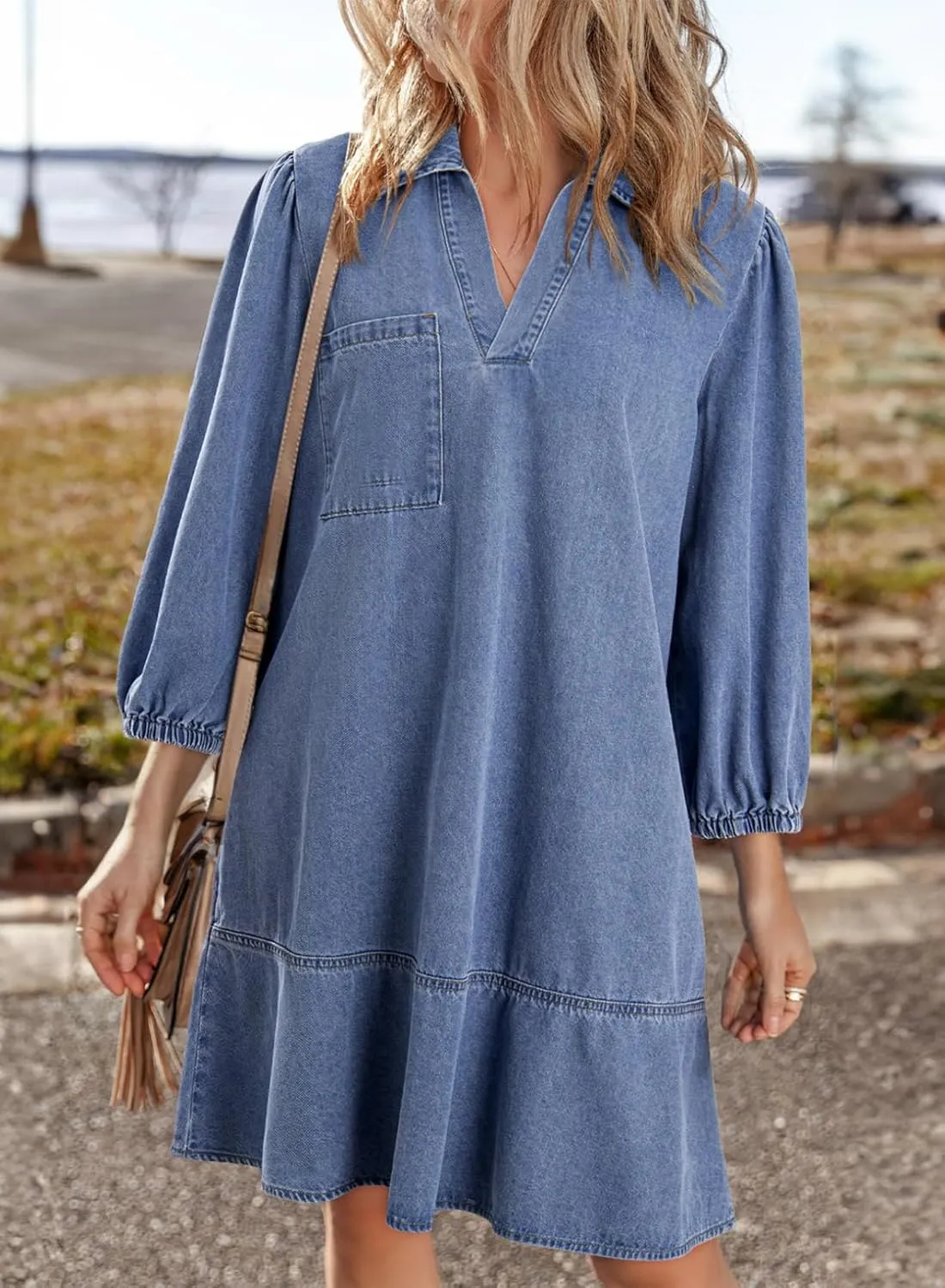 Dokotoo Denim Dress for Women Summer Casual Babydoll 2025 V Neck 3/4 Puff Sleeve Jean Dresses