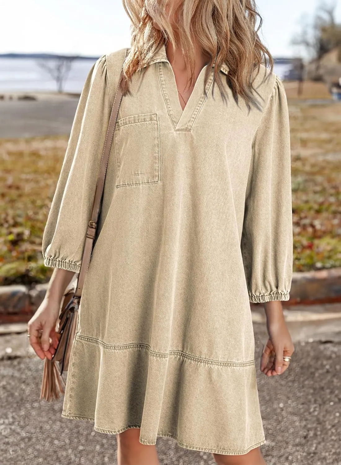 Dokotoo Denim Dress for Women Summer Casual Babydoll 2025 V Neck 3/4 Puff Sleeve Jean Dresses