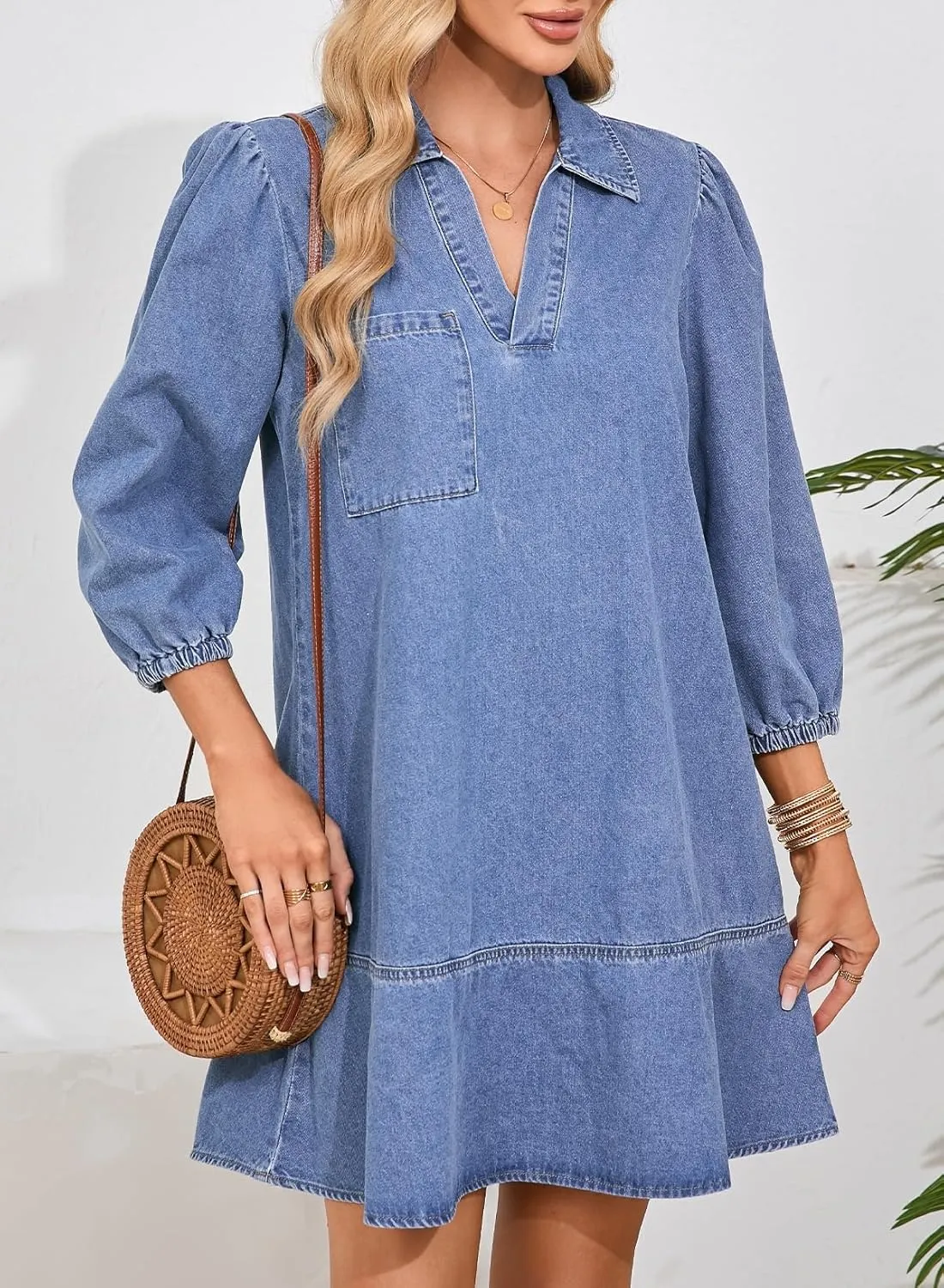 Dokotoo Denim Dress for Women Summer Casual Babydoll 2025 V Neck 3/4 Puff Sleeve Jean Dresses