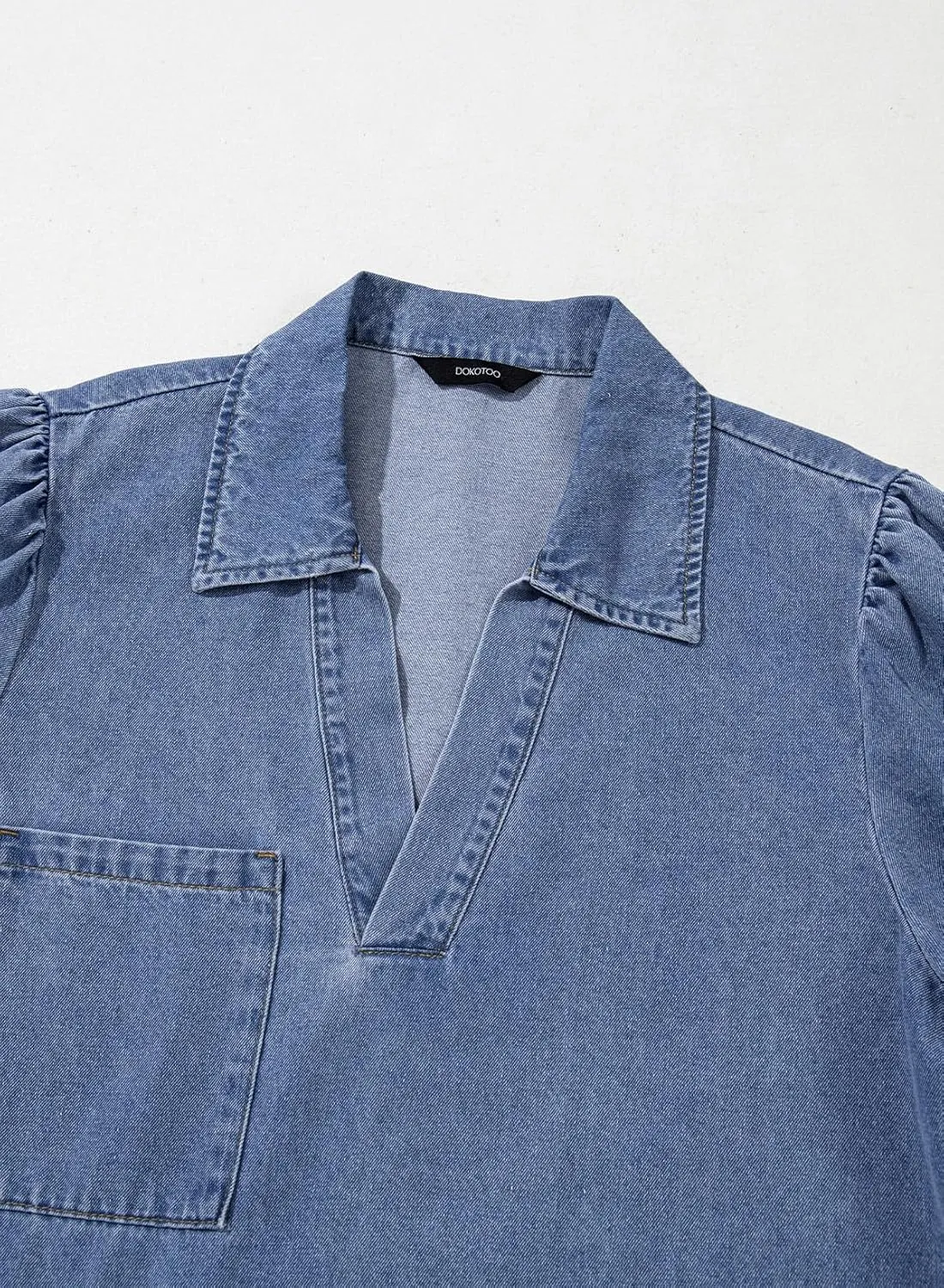 Dokotoo Denim Dress for Women Summer Casual Babydoll 2025 V Neck 3/4 Puff Sleeve Jean Dresses