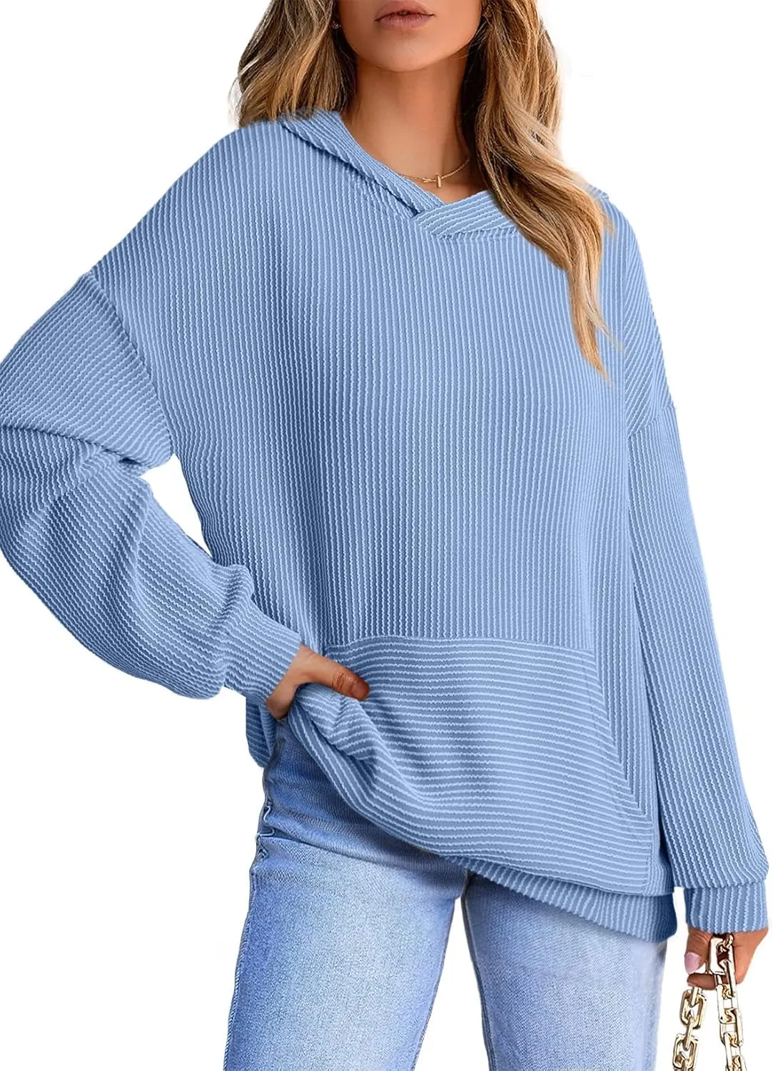 Dokotoo Women's Pullover Hoodies Sweatshirts Casual Loose Long Sleeve Ribbed Knit Shirts