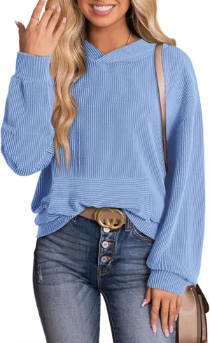 Dokotoo Women's Pullover Hoodies Sweatshirts Casual Loose Long Sleeve Ribbed Knit Shirts