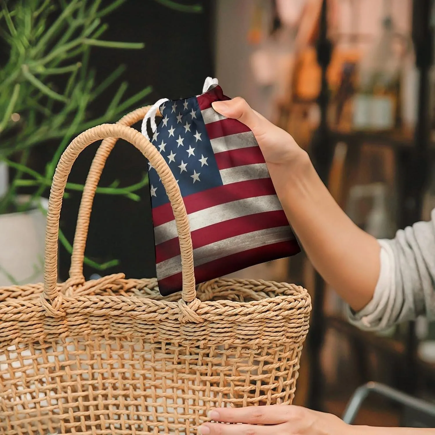 Drawstring Storage Bag American Flag Gym String Bag Durable Washable for Men Women