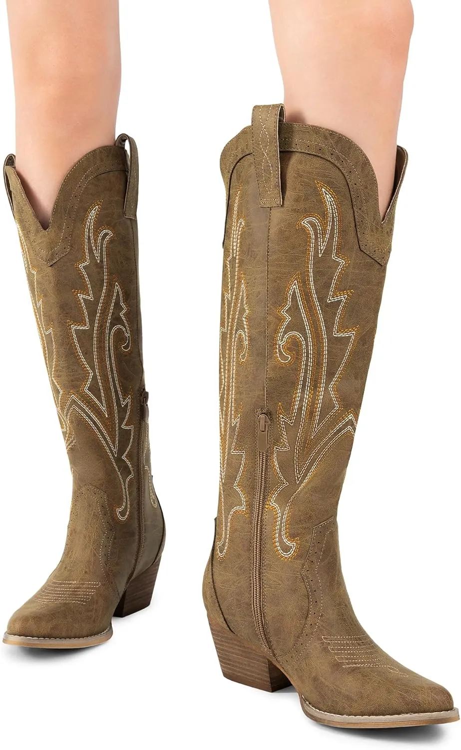 DREAM PAIRS Womens Cowboy Knee High Boots Comfortable Pull On Side Zipper Chunky Heel Embroidered Western Cowgirl Boots Retro Tall Boot