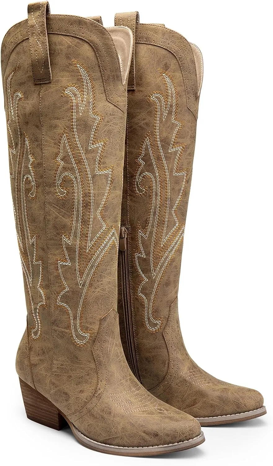 DREAM PAIRS Womens Cowboy Knee High Boots Comfortable Pull On Side Zipper Chunky Heel Embroidered Western Cowgirl Boots Retro Tall Boot