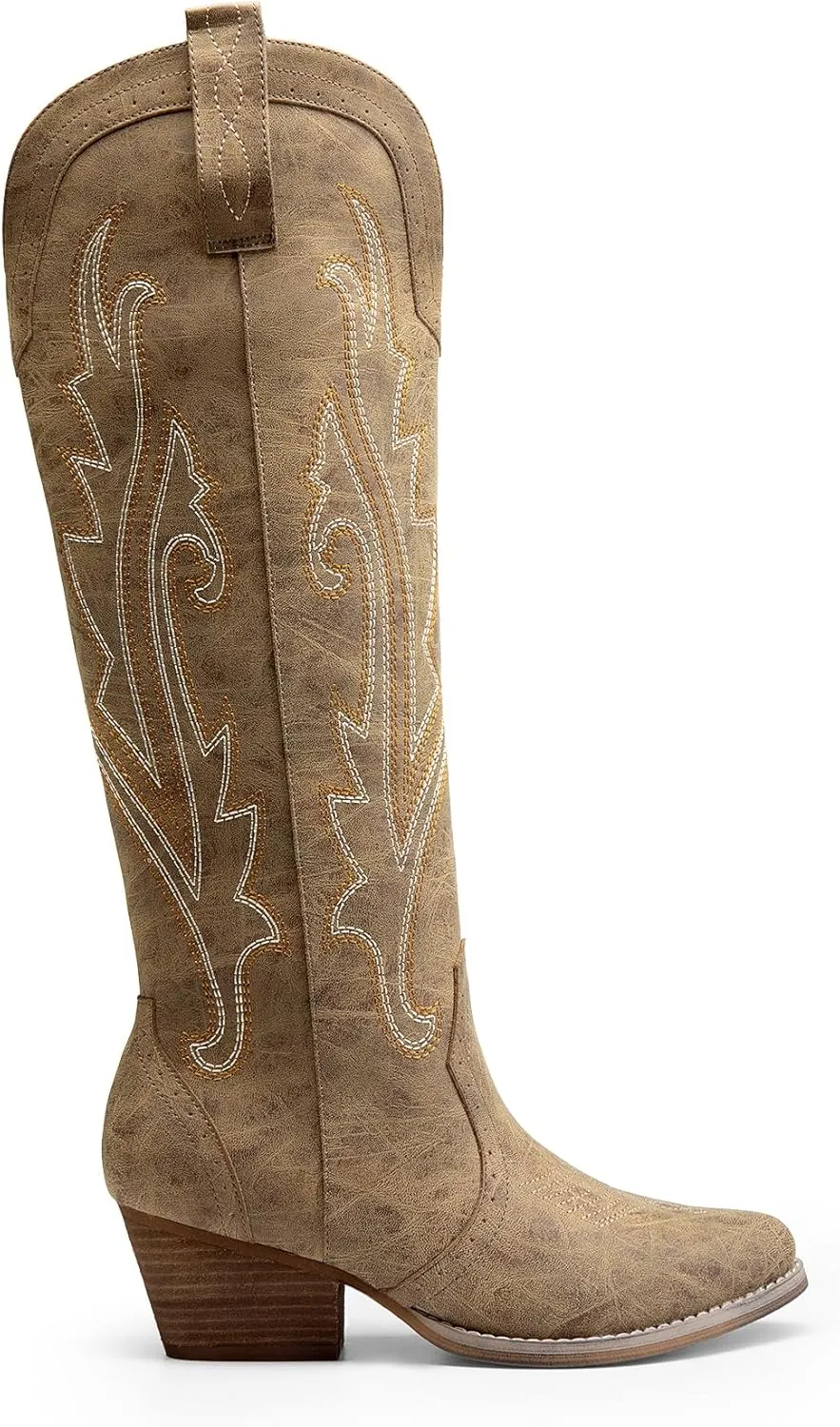 DREAM PAIRS Womens Cowboy Knee High Boots Comfortable Pull On Side Zipper Chunky Heel Embroidered Western Cowgirl Boots Retro Tall Boot