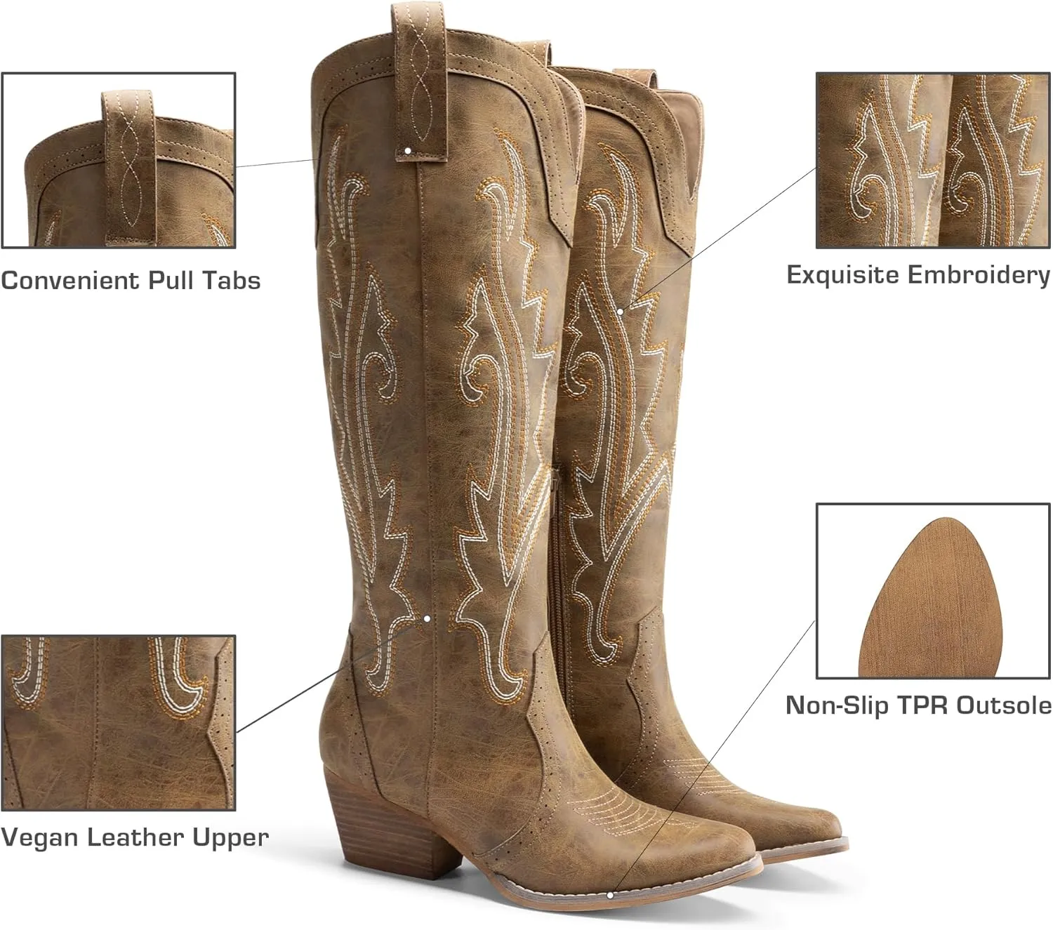 DREAM PAIRS Womens Cowboy Knee High Boots Comfortable Pull On Side Zipper Chunky Heel Embroidered Western Cowgirl Boots Retro Tall Boot