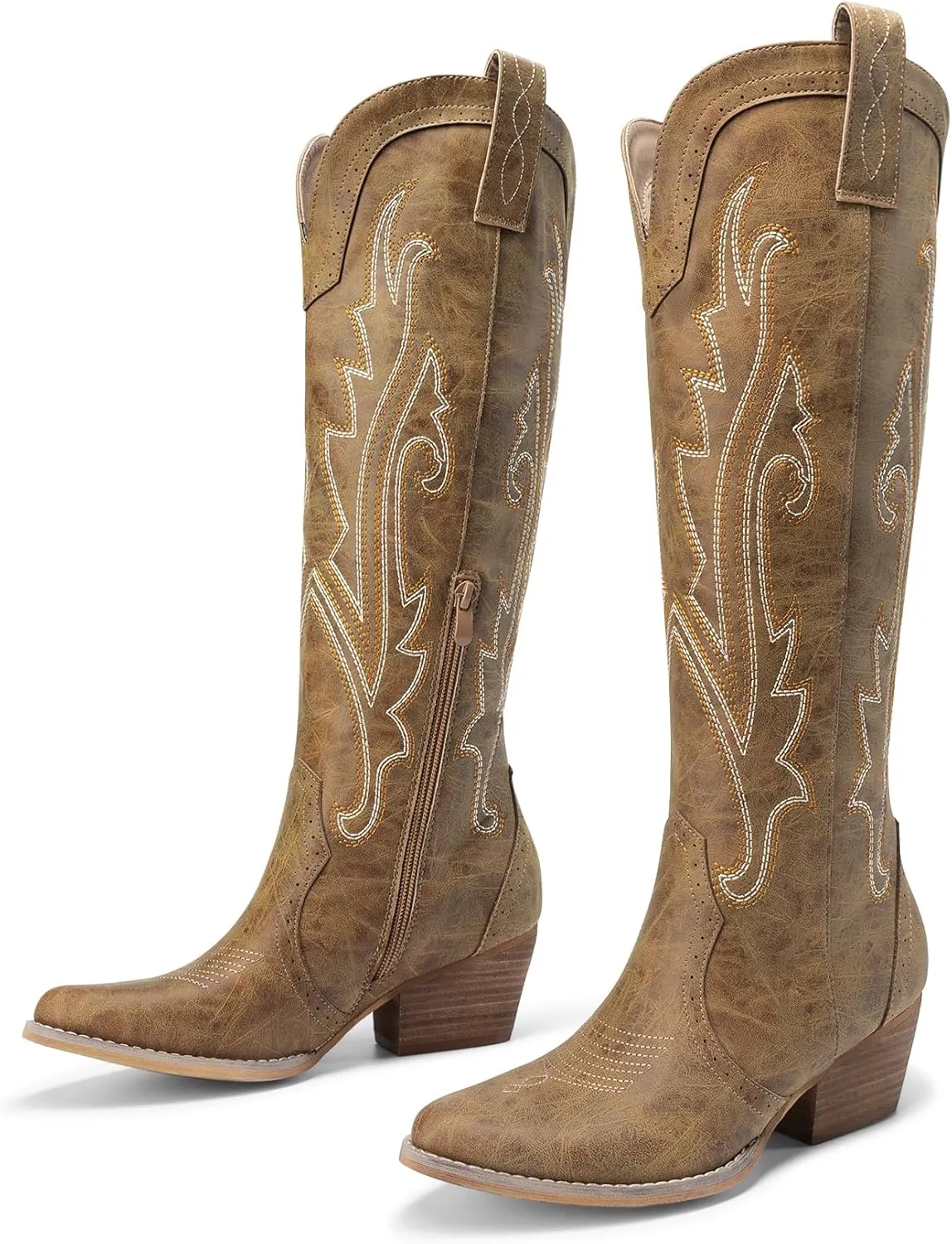 DREAM PAIRS Womens Cowboy Knee High Boots Comfortable Pull On Side Zipper Chunky Heel Embroidered Western Cowgirl Boots Retro Tall Boot