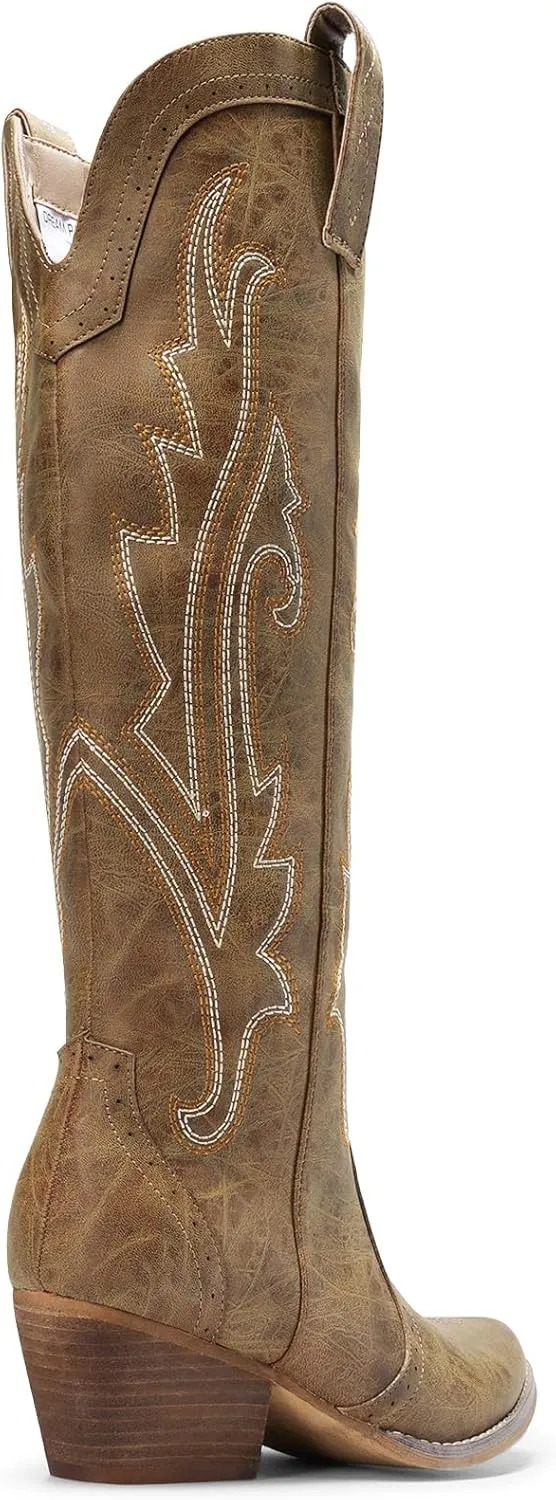 DREAM PAIRS Womens Cowboy Knee High Boots Comfortable Pull On Side Zipper Chunky Heel Embroidered Western Cowgirl Boots Retro Tall Boot