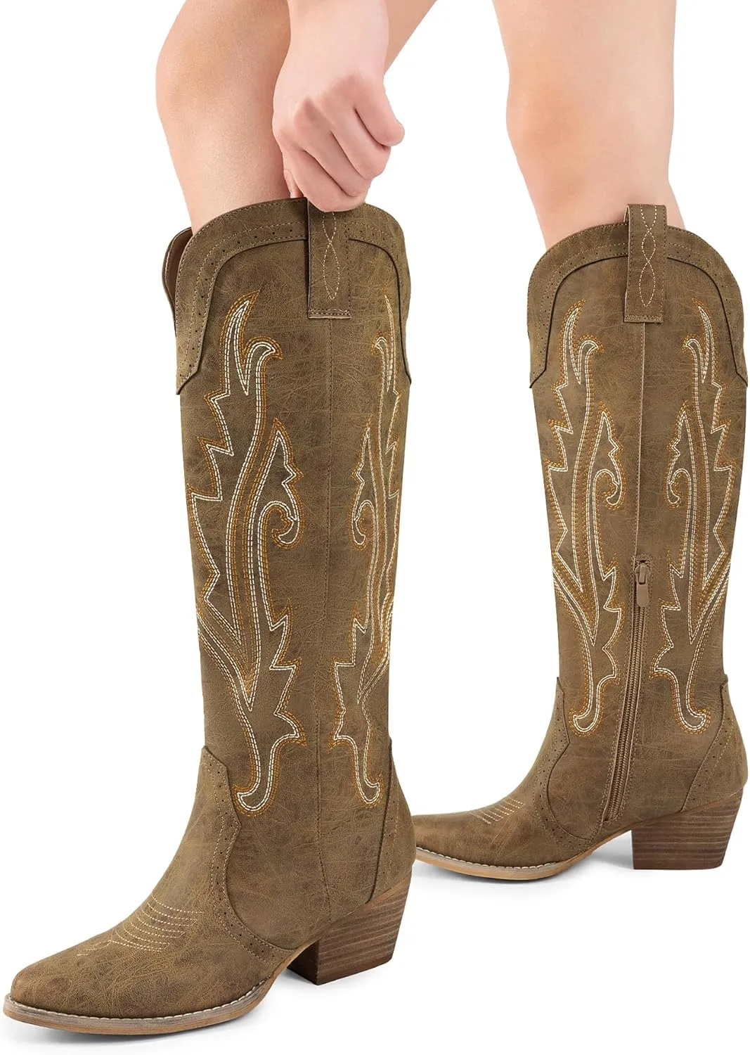 DREAM PAIRS Womens Cowboy Knee High Boots Comfortable Pull On Side Zipper Chunky Heel Embroidered Western Cowgirl Boots Retro Tall Boot