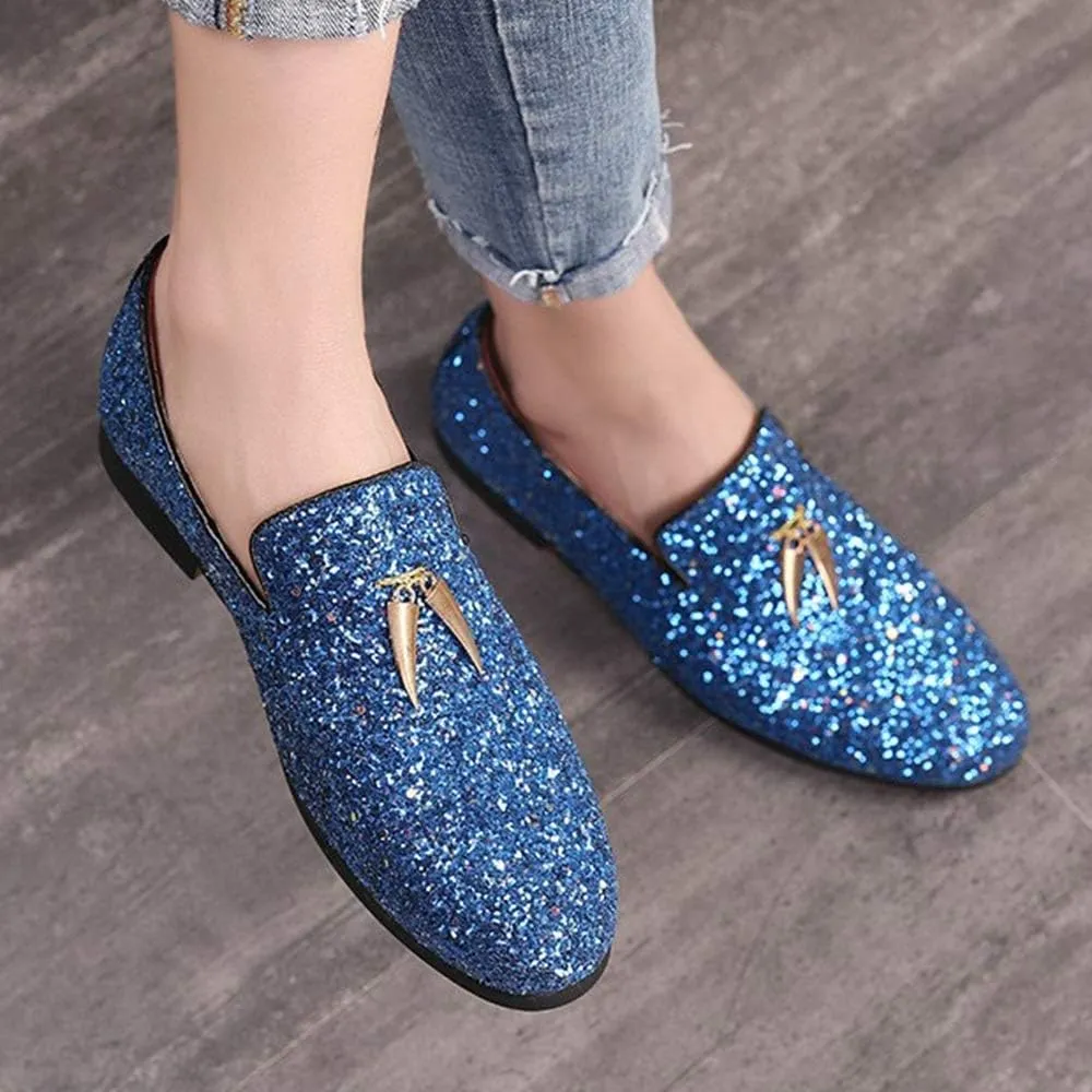 Driving Loafers for Men Gommino Slip on Style PU Leather Upper Luxury Glitter Pointed Toe Metal Tassels Lightweight Anti Slip Casual