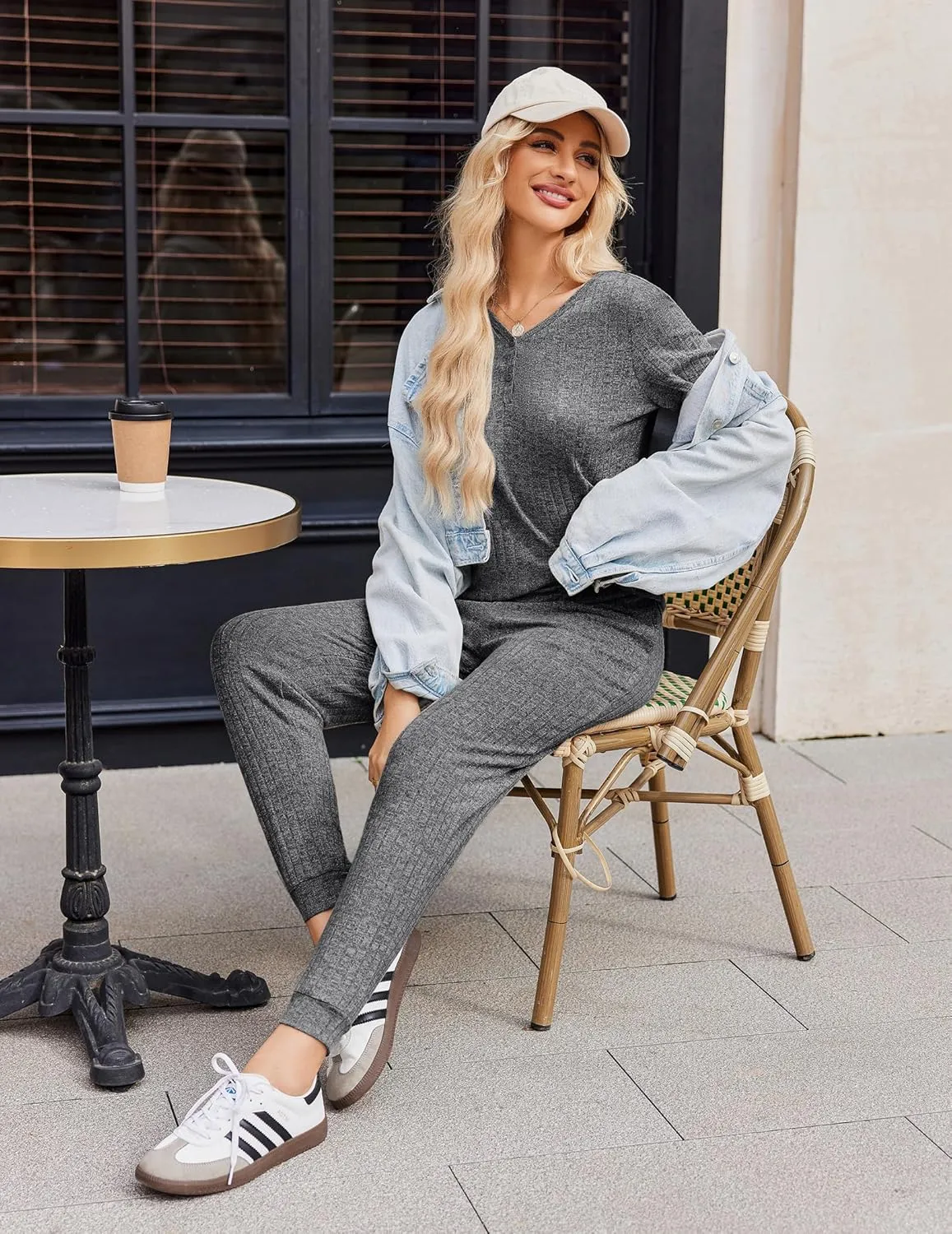 Ekouaer Pajama Sets for Womens Rib Knit Lounge Set Jogger Pants Short Sleeve Sleepwear 2 Piece Outfits Set with Pockets