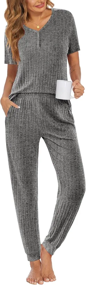 Ekouaer Pajama Sets for Womens Rib Knit Lounge Set Jogger Pants Short Sleeve Sleepwear 2 Piece Outfits Set with Pockets
