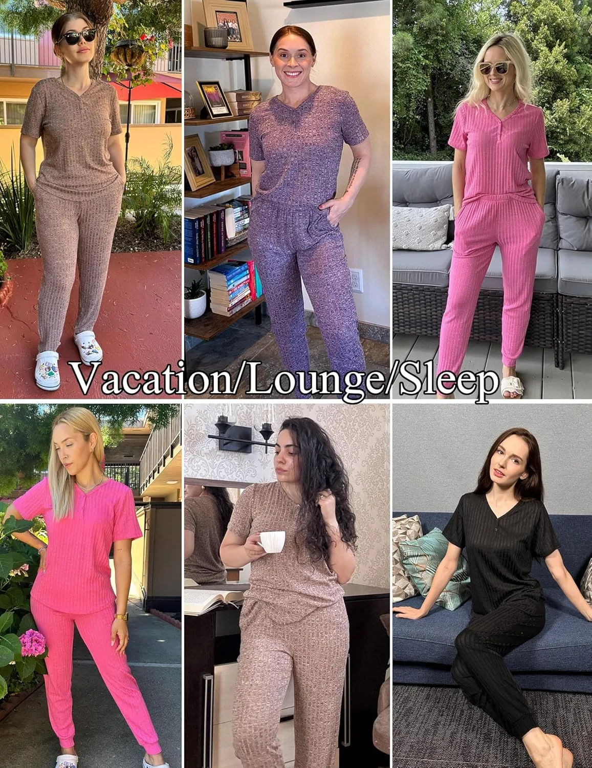 Ekouaer Pajama Sets for Womens Rib Knit Lounge Set Jogger Pants Short Sleeve Sleepwear 2 Piece Outfits Set with Pockets