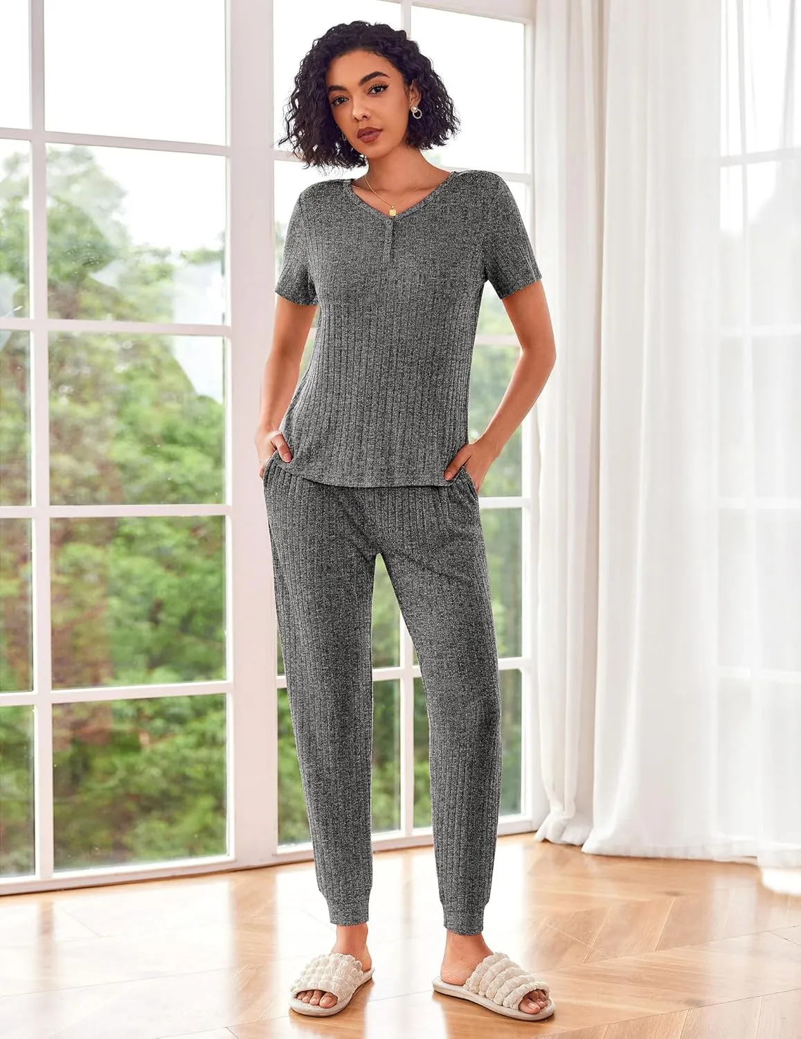 Ekouaer Pajama Sets for Womens Rib Knit Lounge Set Jogger Pants Short Sleeve Sleepwear 2 Piece Outfits Set with Pockets