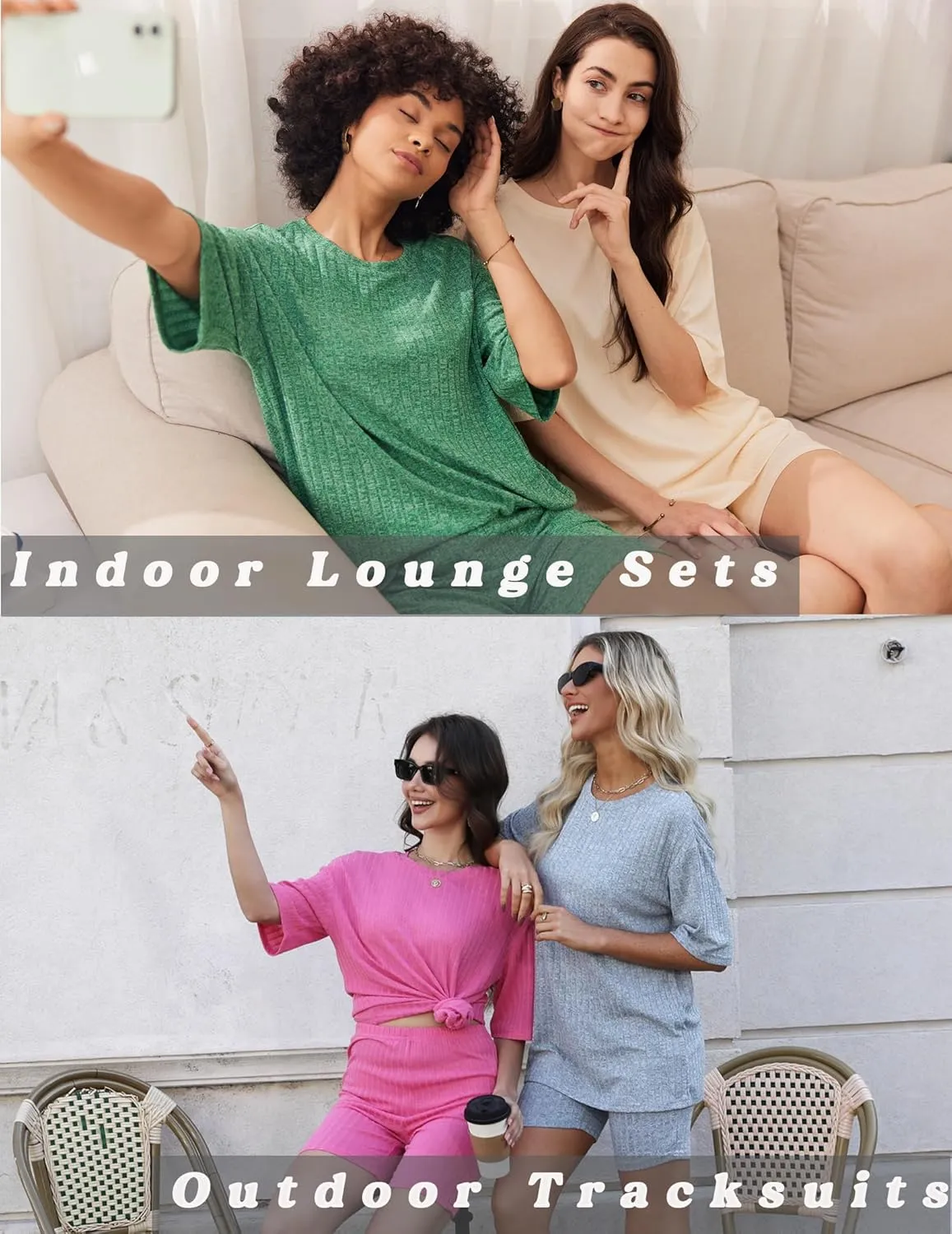 Ekouaer Pajamas 2 Piece Lounge Sets Ribbed Knit Matching Outfits T-shirt Biker Shorts Sleepwear Loungewear Sweatsuits