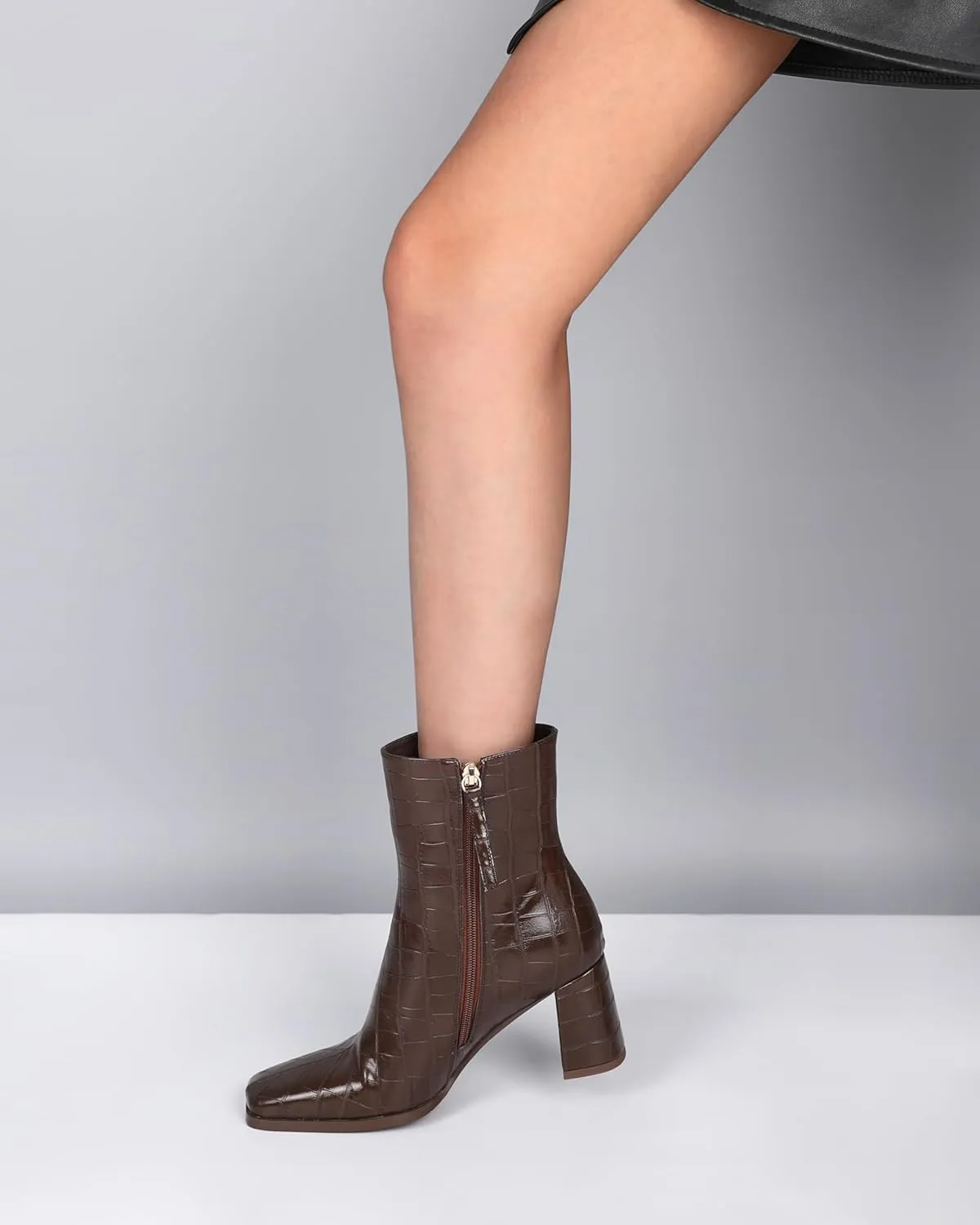 Eldof Ankle Boots Women Chunky Heel Square Toe High Heeled Gogo Short Booties Side Zipper 3 Inches