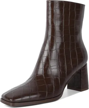 Eldof Ankle Boots Women Chunky Heel Square Toe High Heeled Gogo Short Booties Side Zipper 3 Inches
