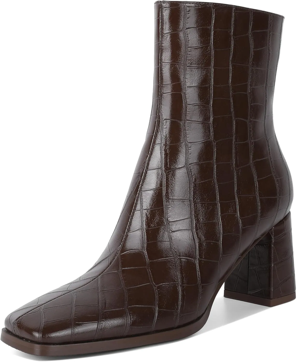 Eldof Ankle Boots Women Chunky Heel Square Toe High Heeled Gogo Short Booties Side Zipper 3 Inches