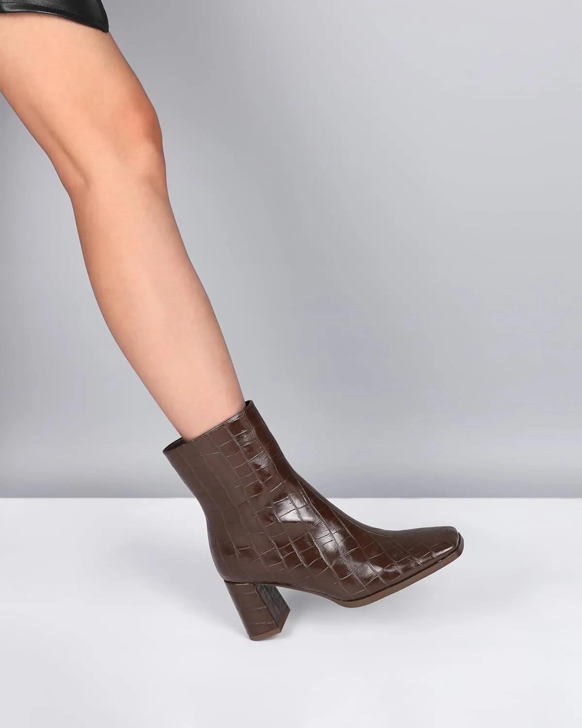 Eldof Ankle Boots Women Chunky Heel Square Toe High Heeled Gogo Short Booties Side Zipper 3 Inches