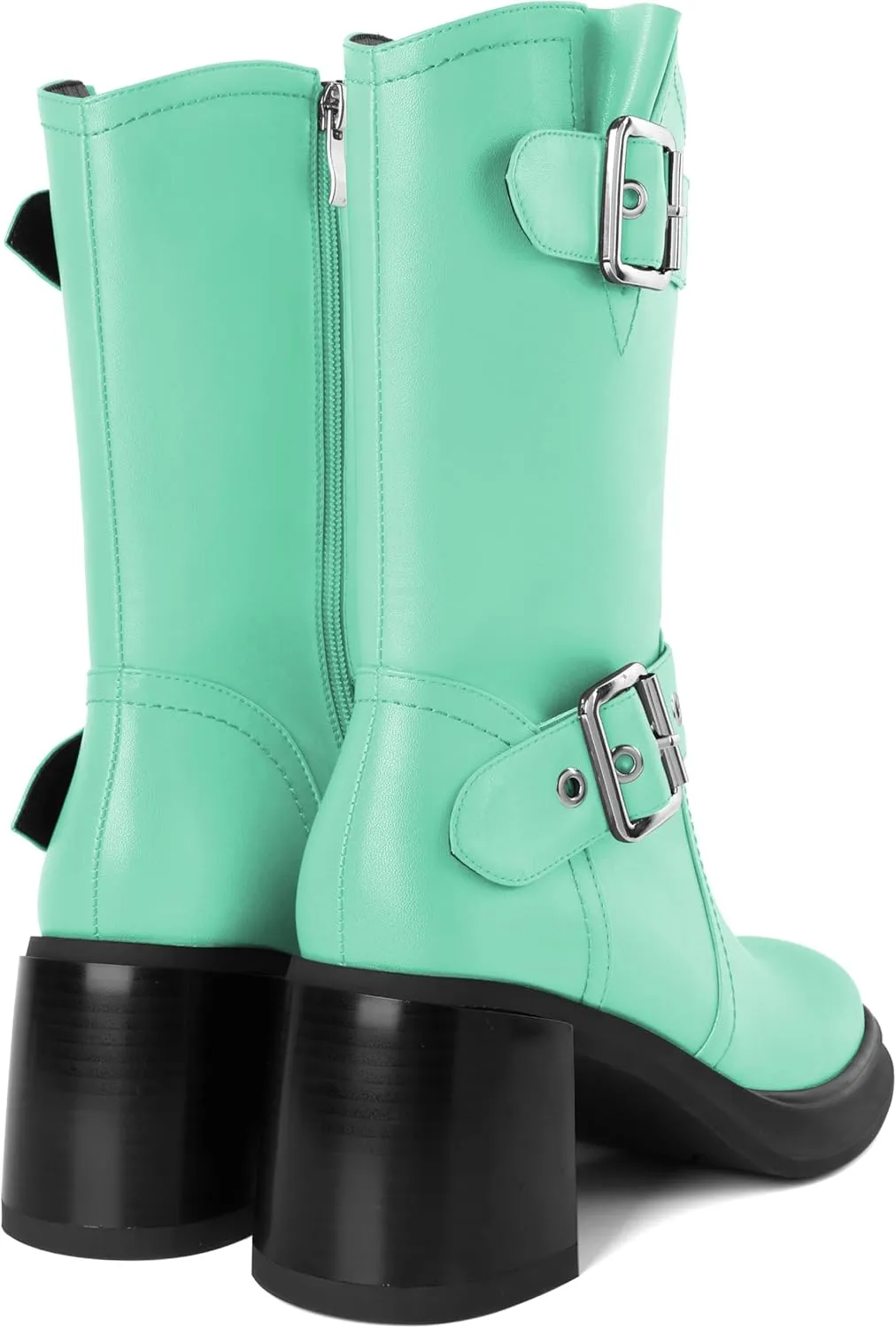 Eldof Mid Calf Boots for Women Platform Chunky Heel Booties with Buckles Square Toe Side Zipper Biker Motorcycle Leather Boots Women Fall Winter 3 Inches