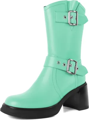 Eldof Mid Calf Boots for Women Platform Chunky Heel Booties with Buckles Square Toe Side Zipper Biker Motorcycle Leather Boots Women Fall Winter 3 Inches