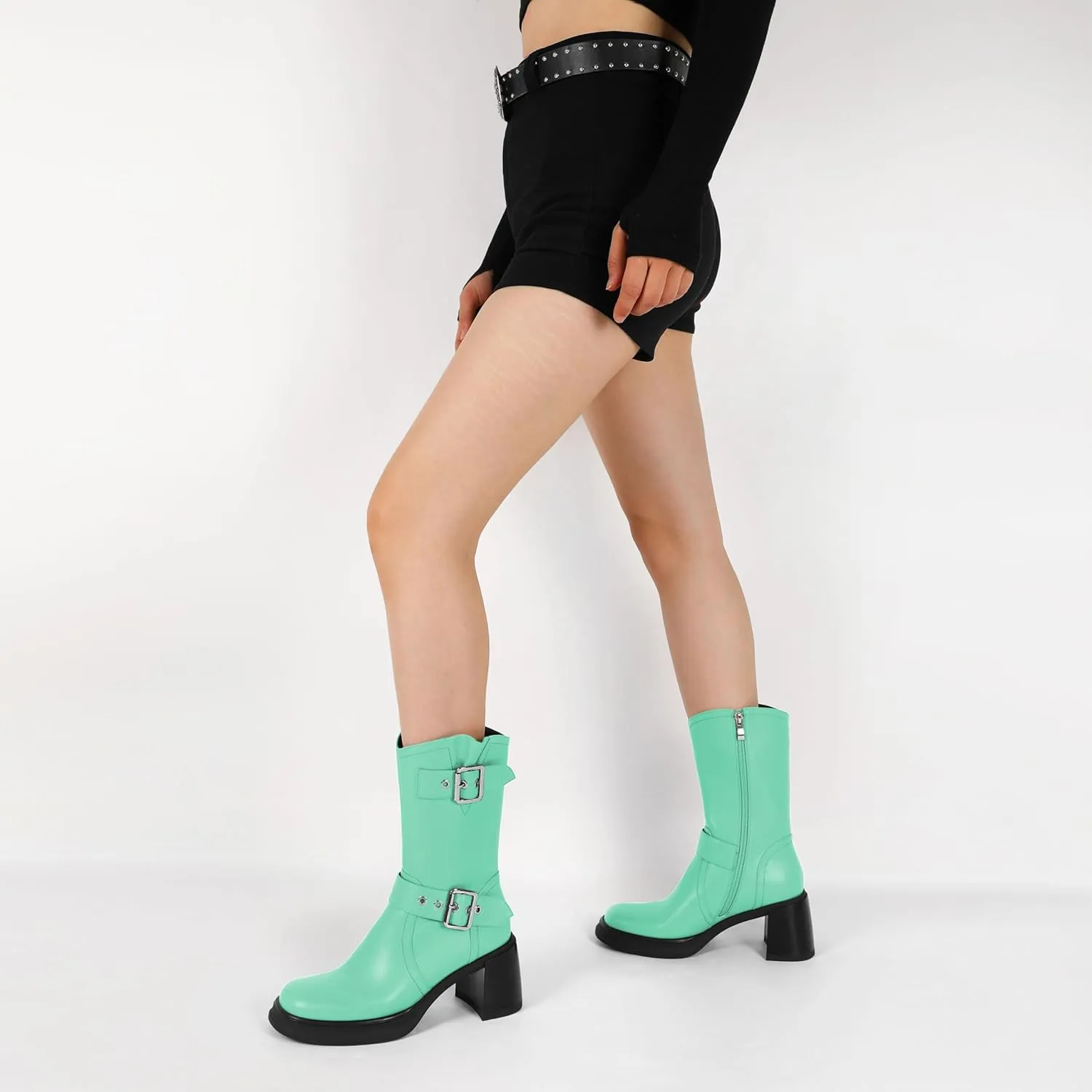 Eldof Mid Calf Boots for Women Platform Chunky Heel Booties with Buckles Square Toe Side Zipper Biker Motorcycle Leather Boots Women Fall Winter 3 Inches