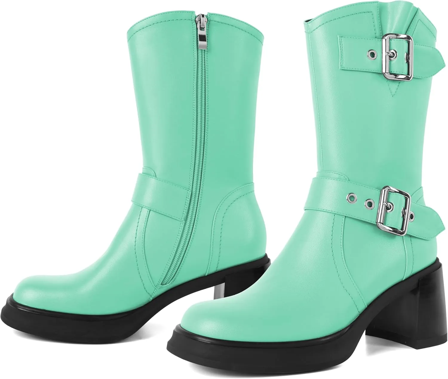 Eldof Mid Calf Boots for Women Platform Chunky Heel Booties with Buckles Square Toe Side Zipper Biker Motorcycle Leather Boots Women Fall Winter 3 Inches