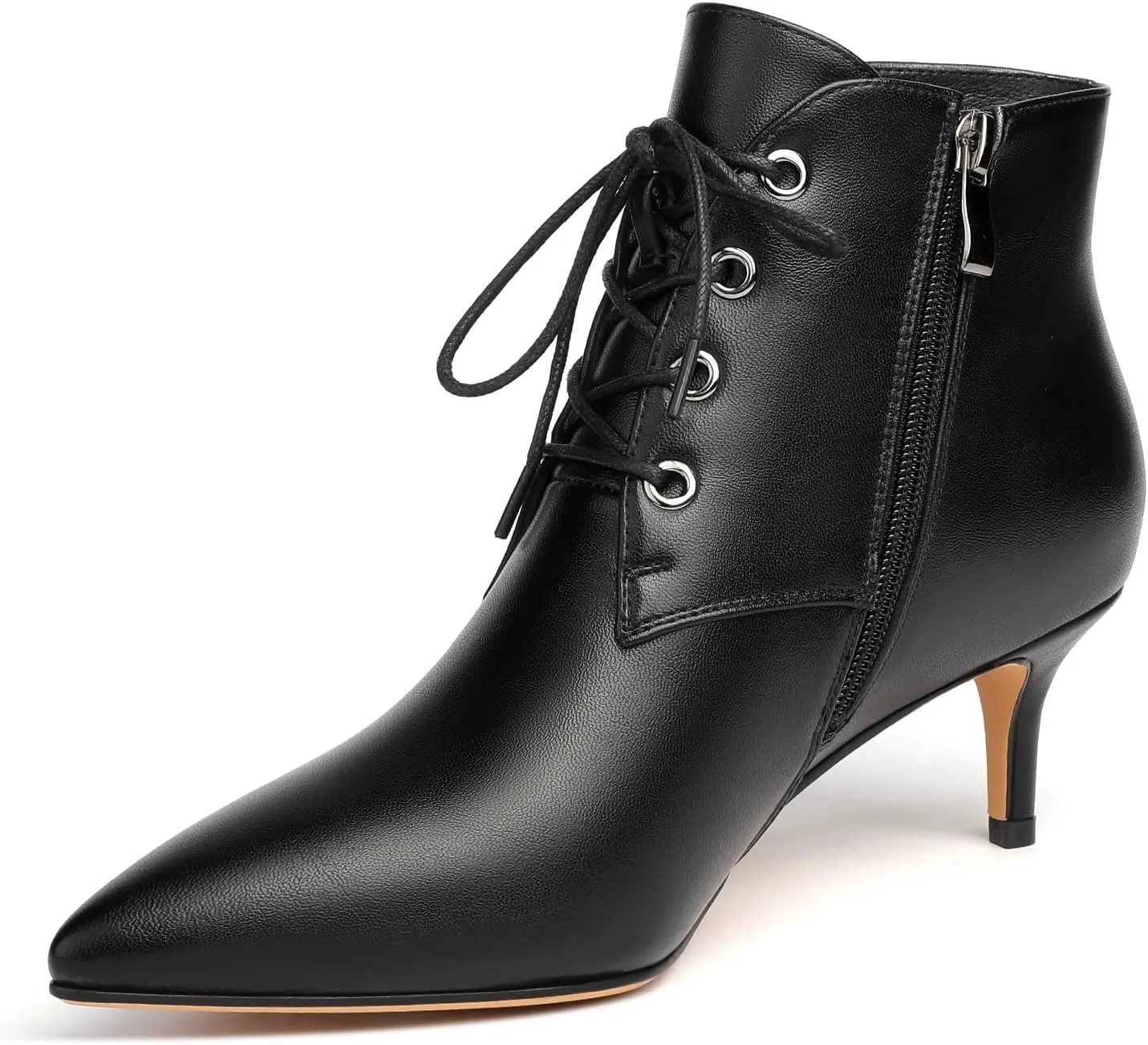 Eldof Women's Kitten Low Heel Ankle Boots Pointed Toe Lace Up Comfortable Walking Short Boots 2.5 Inches