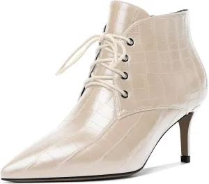 Eldof Women's Kitten Low Heel Ankle Boots Pointed Toe Lace Up Comfortable Walking Short Boots 2.5 Inches