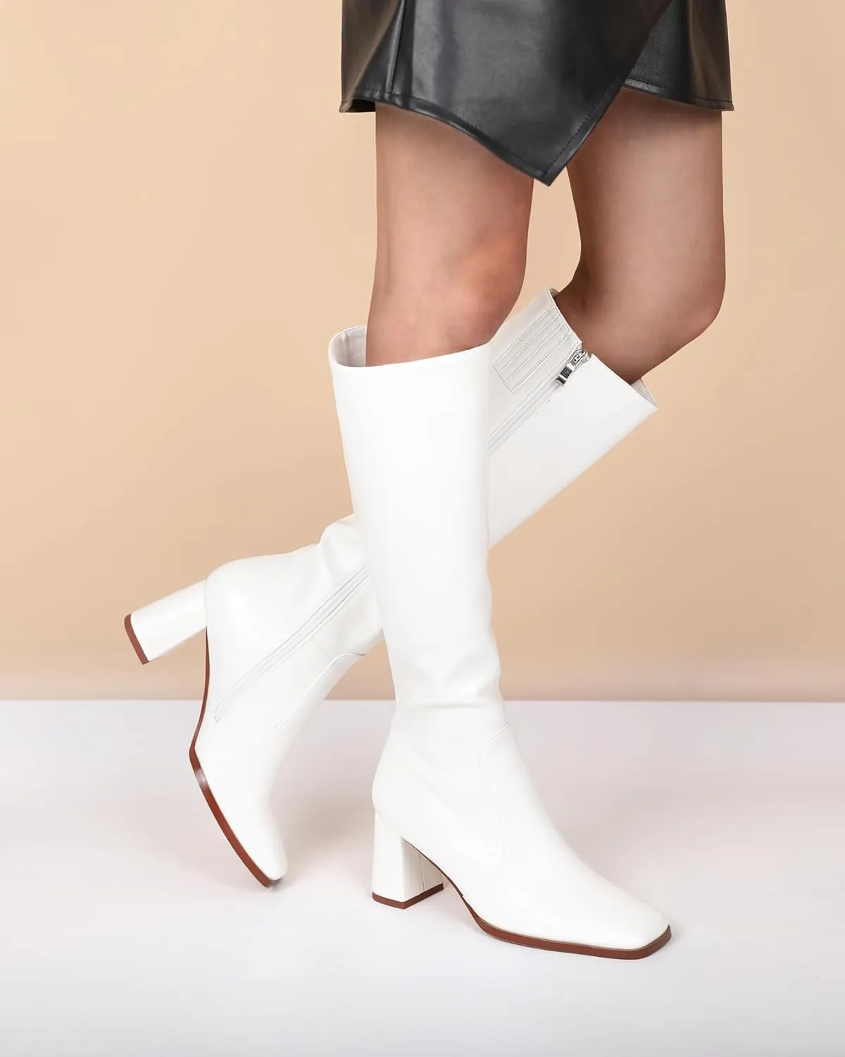 Eldof Women's Knee High Boots Square Toe Chunky Heel Tall Gogo Boots Zipper Closure 3 Inches