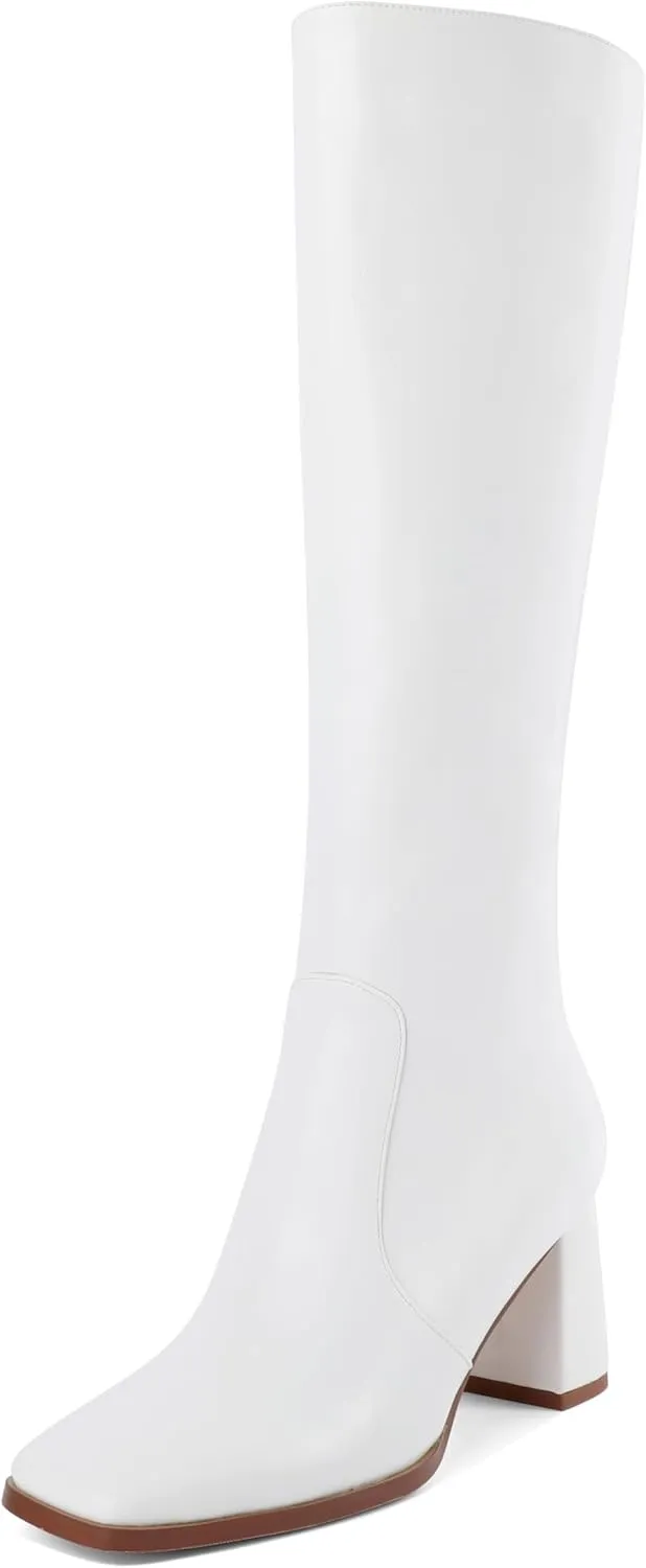 Eldof Women's Knee High Boots Square Toe Chunky Heel Tall Gogo Boots Zipper Closure 3 Inches