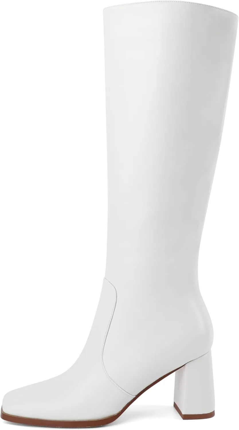 Eldof Women's Knee High Boots Square Toe Chunky Heel Tall Gogo Boots Zipper Closure 3 Inches